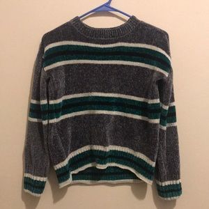 Grey, white, green, black “ velour “ knit sweater
